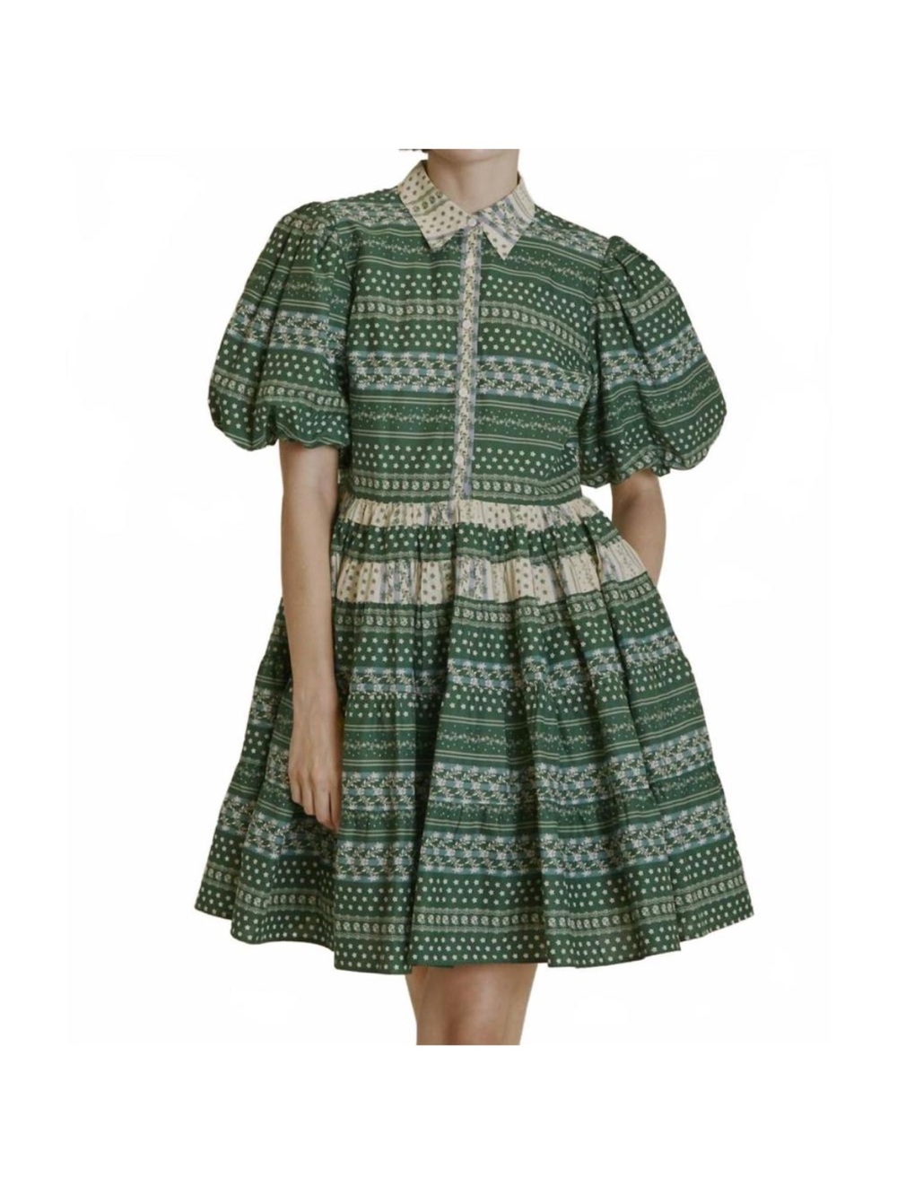 AUREUM “Augusta” Green Printed Puff-Sleeve Collar Dress